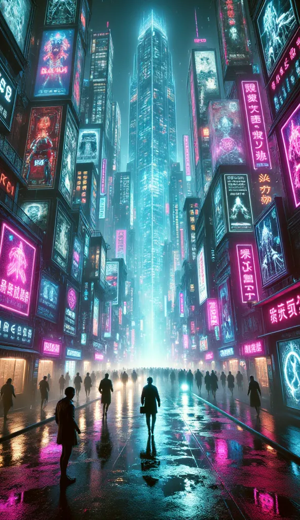 A sprawling cyberpunk cityscape at night, with towering skyscrapers, glowing neon signs in vibrant pinks and blues, and translucent holographic advertisements floating above the streets. Rain-soaked ground reflects the lights, with a moody atmosphere enhan...