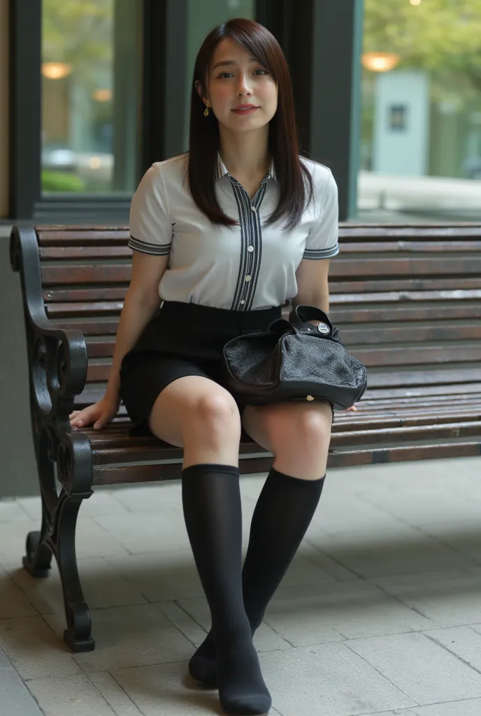 (  photorealism  :1.2), beautiful日本人モデルがcross your legs椅子に座ると、suppresses the urge to do an embarrassing fart、39;thick legs, 3 women in uniform , 39;Office Worker Business Uniforms 、Bitter Smile and Stomach Pain 、sitting on a bench、spread my legs slightly。I...