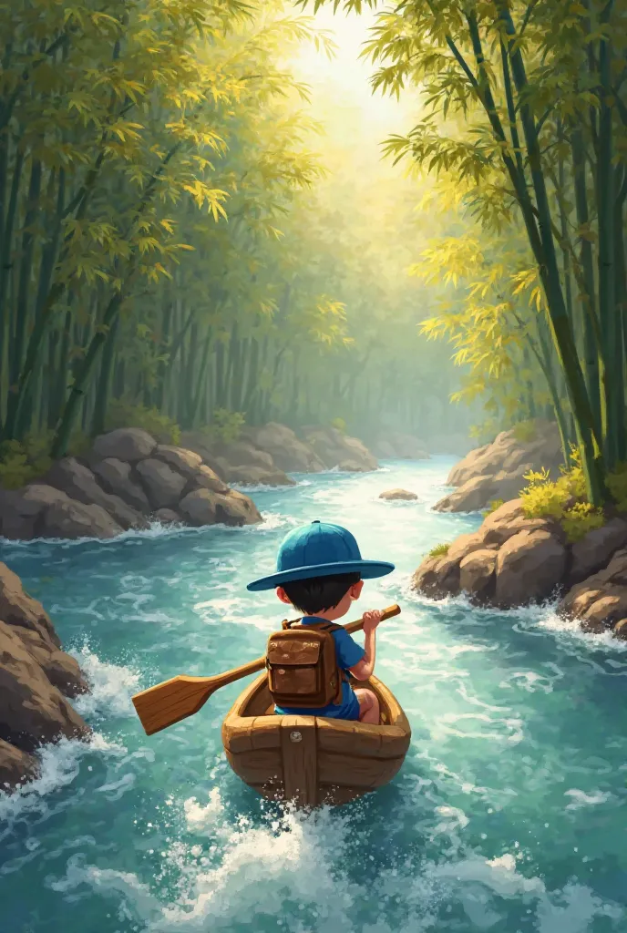 Picture 1 : "with a small road wearing a blue hat and a brown backpack, paddling a small wooden boat in the middle of a fast flowing river, his eyes full of determination. The banks of the river are surrounded by thick bamboo trees under the golden sunligh...