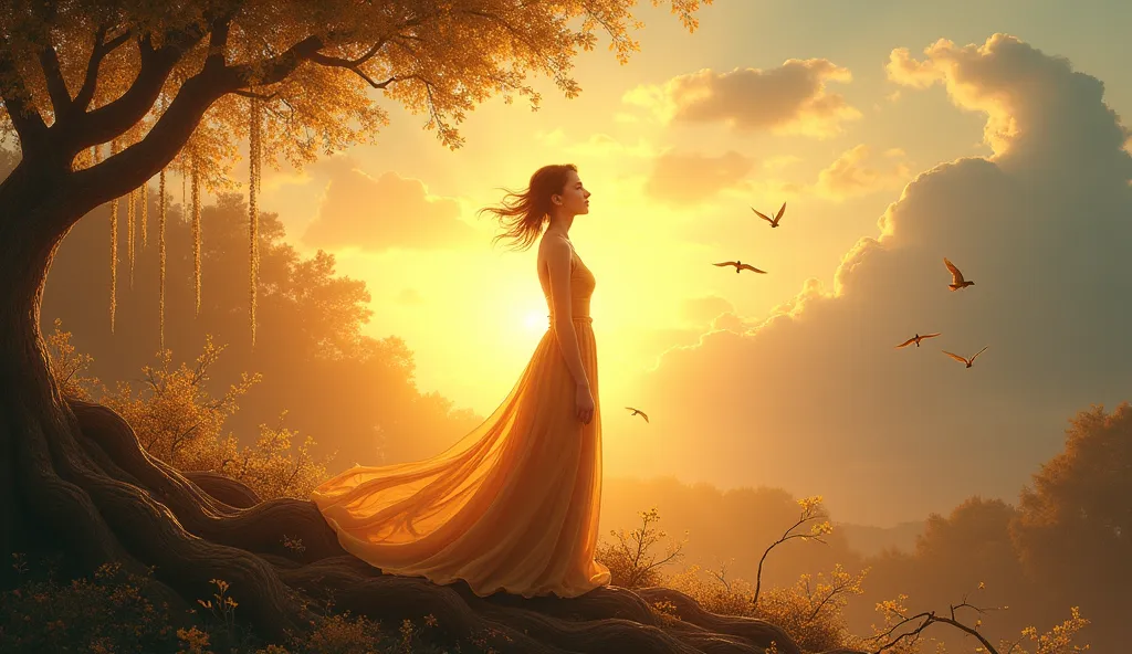 Golden Sky with birds and a sunset given red tones to gold, gold filigrees from the tree like vines, and the beautiful girl in a golden dress