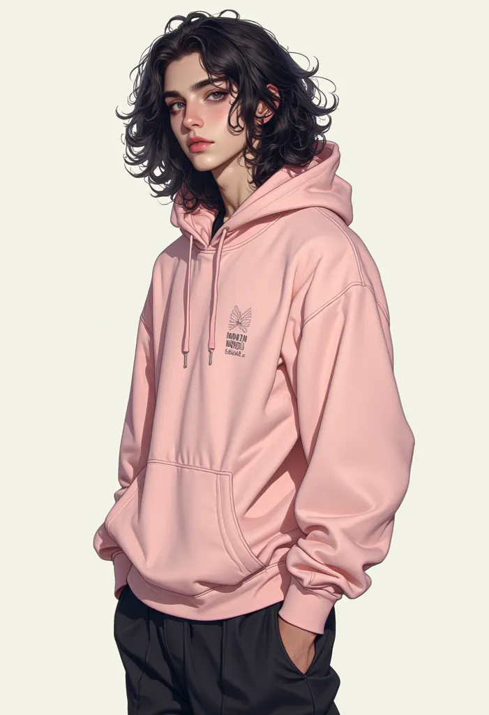 This is a surreal watercolor painting , digital illustration of a young man (long hair, curly hair, black hair) of test brunette wearing a pastel pink hoodie and black pants 