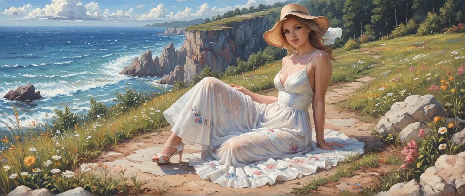 ，Beautiful emotional girl，full body by the beatch，shoulder loss white dress ,big boobs ,oil painting, V.V. style, , summer clothes ,windy day, , dreamy painting,detailed ,detailed background