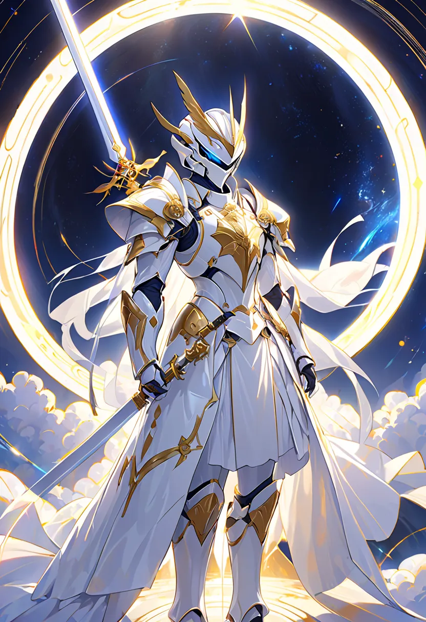  white shining armor with attention to detail, White helmet with attention to detail,  Large white sword with great attention to detail, Mysterious golden jewel in the armor, Space white hole background, White Reiki , White Neon Light 