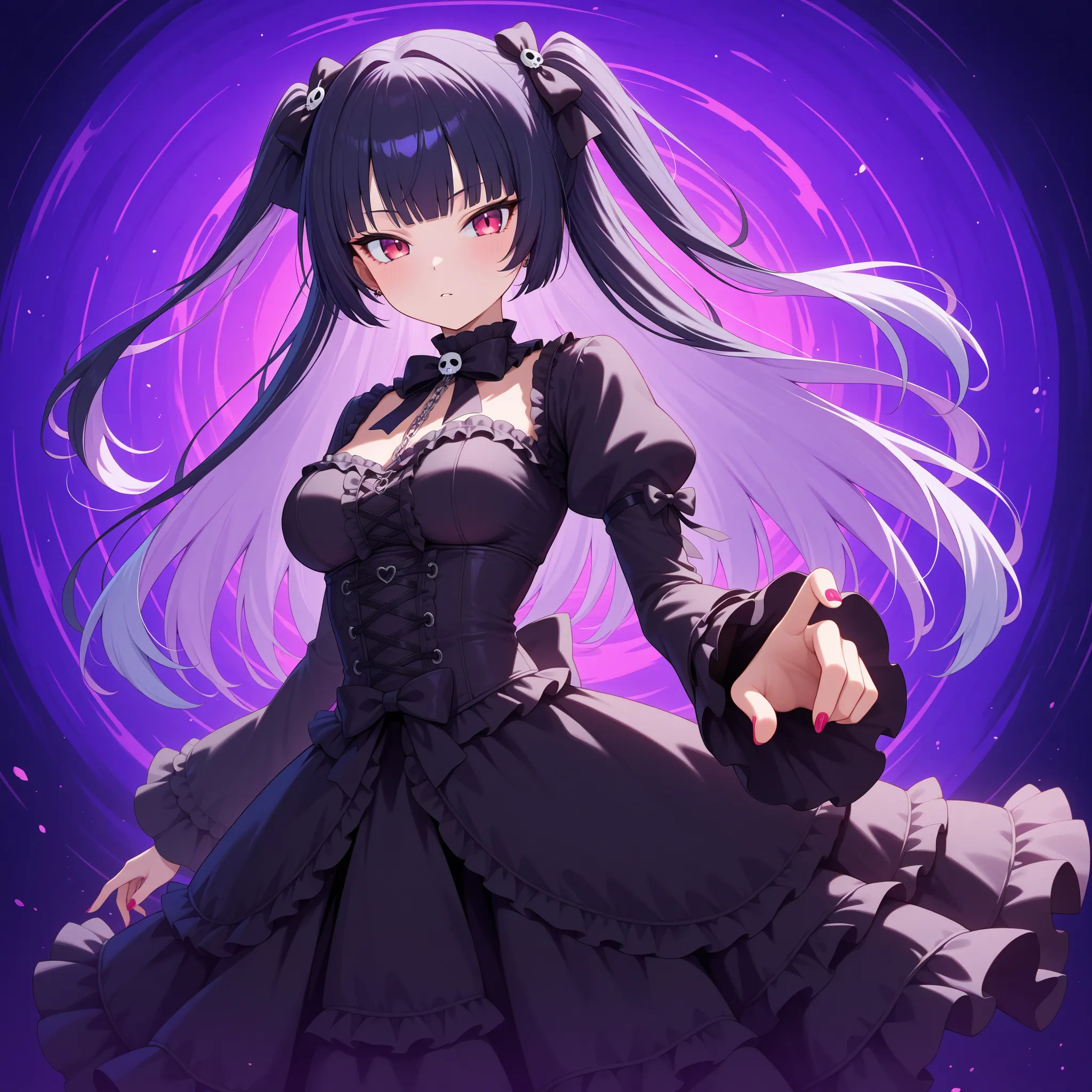 medium breasts、1girl,light purple hair two side up　black hair、tsurime,gothic lolita