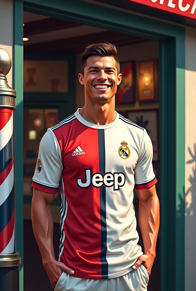 Ek tasveer sochiye: Cristiano Ronaldo ek barber shop ke bahar khade hain, futbool Jersey pheni he , aur muskurate huye 

