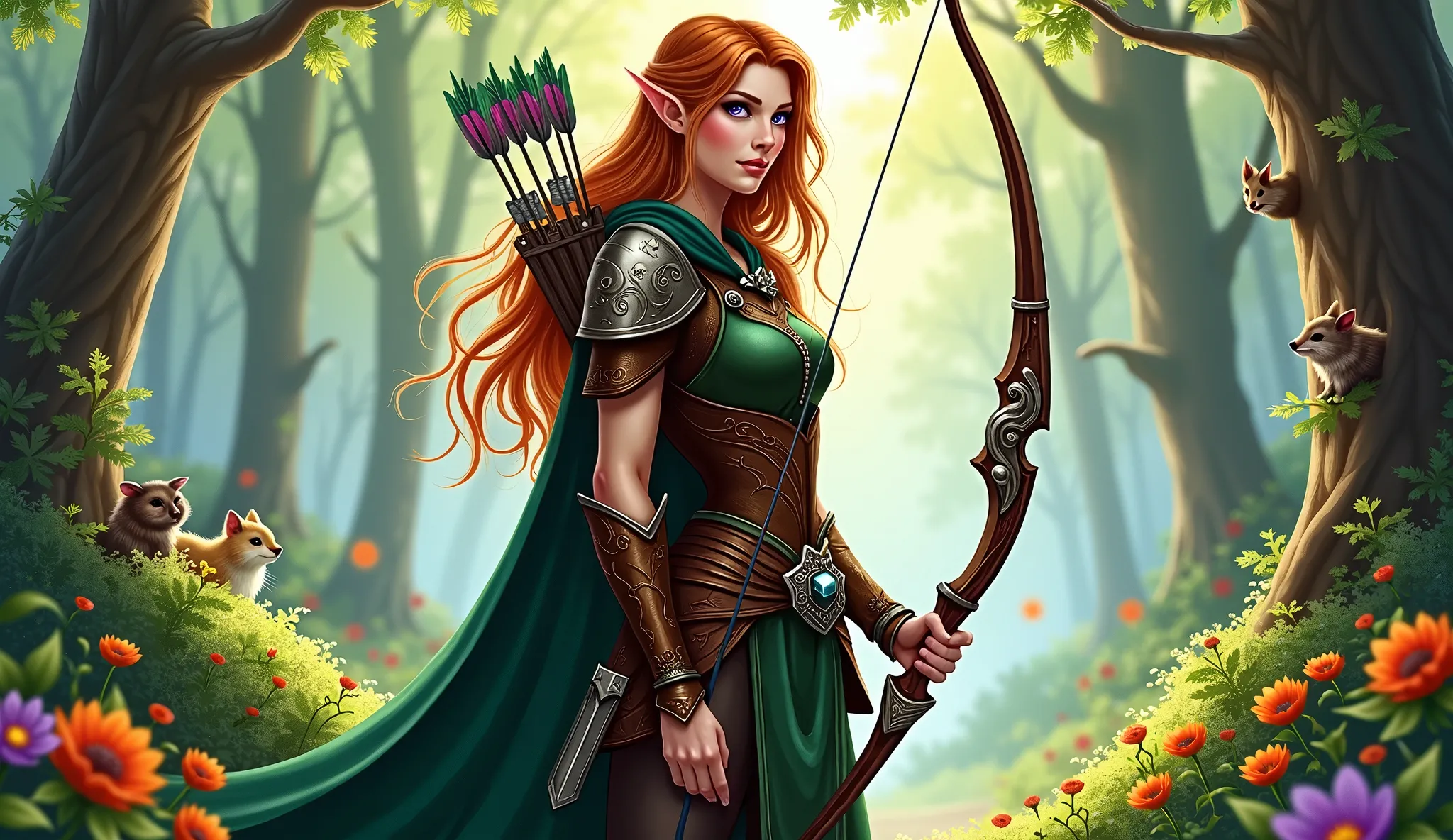 Create a highly detailed illustration of a female elven ranger standing confidently in a vibrant, enchanted forest. She is tall and graceful, with elegantly pointed ears and long, flowing hair that shimmers in shades of deep auburn and gold, cascading down...