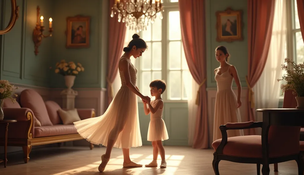 in a luxurious room, A girl of approximately 30 years old teaches a  boy how to dance ballet. The boy's mother, A young woman with short hair,  observes the scene , intrigued