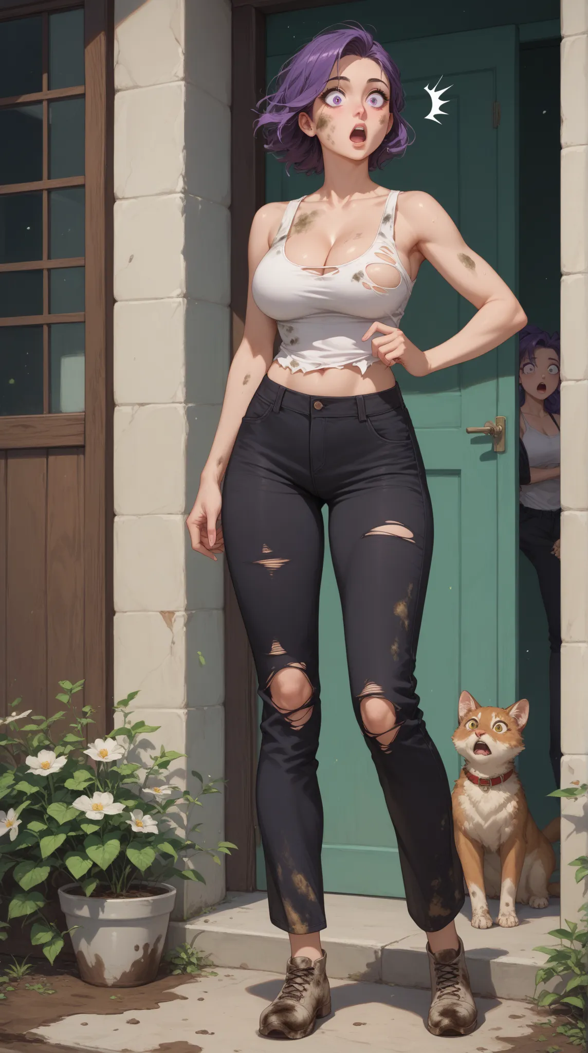 Anime style,  Woman 30 years old, long purple hair. White sleeveless tank top, deep cleavage, Sexy figure. Looking sideways very surprised and shyly. full length. Clear day green meadow. black pants. stands sideways to the paw, looks sideways with his head...