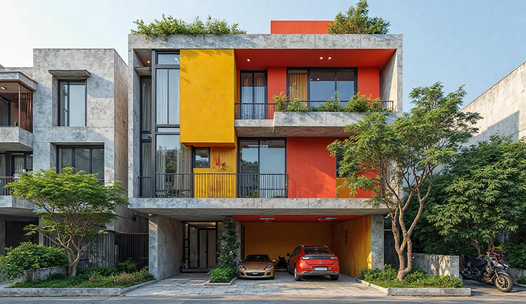 Design a modern Vietnamese small-scale townhouse with a striking and artistic facade inspired by Cubism and vibrant Pop Art colors. The house is narrow and tall, typical of urban Vietnam, with a width of only 4-6 meters. The facade features bold geometric ...