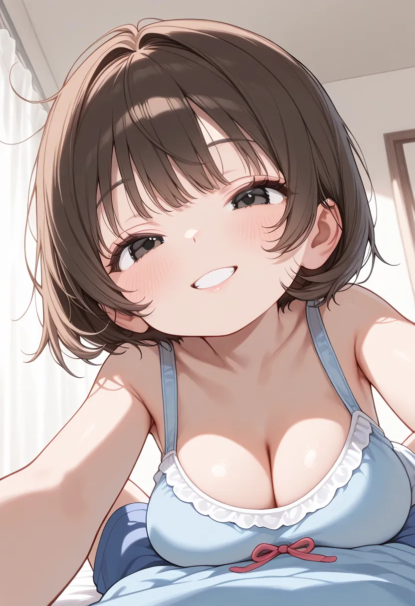  , looking here ,  in underwear, black eyes, Head tilts slightly  、Only one girl、toddler body、loli、 short hair, brown hair , looking here , on the bed、glossy lips , smiles , Big Breasts、Alone、 is sleeping