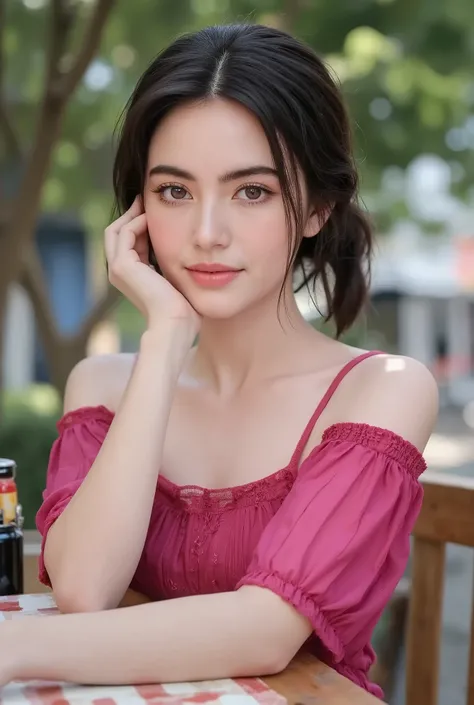 A young woman, big breasts, cute, bright face, in a vibrant pink dress sits on a rustic wooden bench, her smile radiating warmth as she gazes into the distance. The table beside her is adorned with a green and white checkered tablecloth, upon which rests a...
