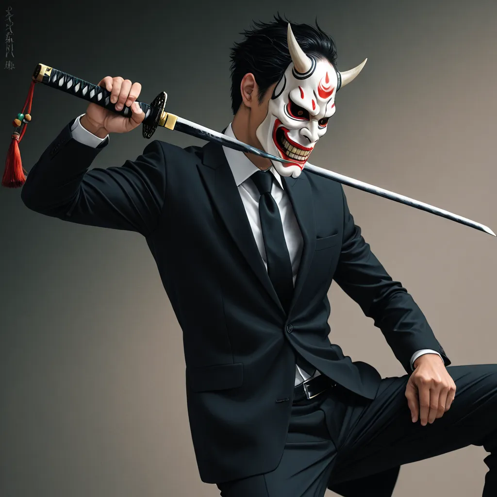 1 man,masterpiece, best quality,torso,black suit,black tie,black hair,Japanese style Hannya mask,{Covers the entire face Oni mask},white mask,katana,readying a katana in an Iaido stance