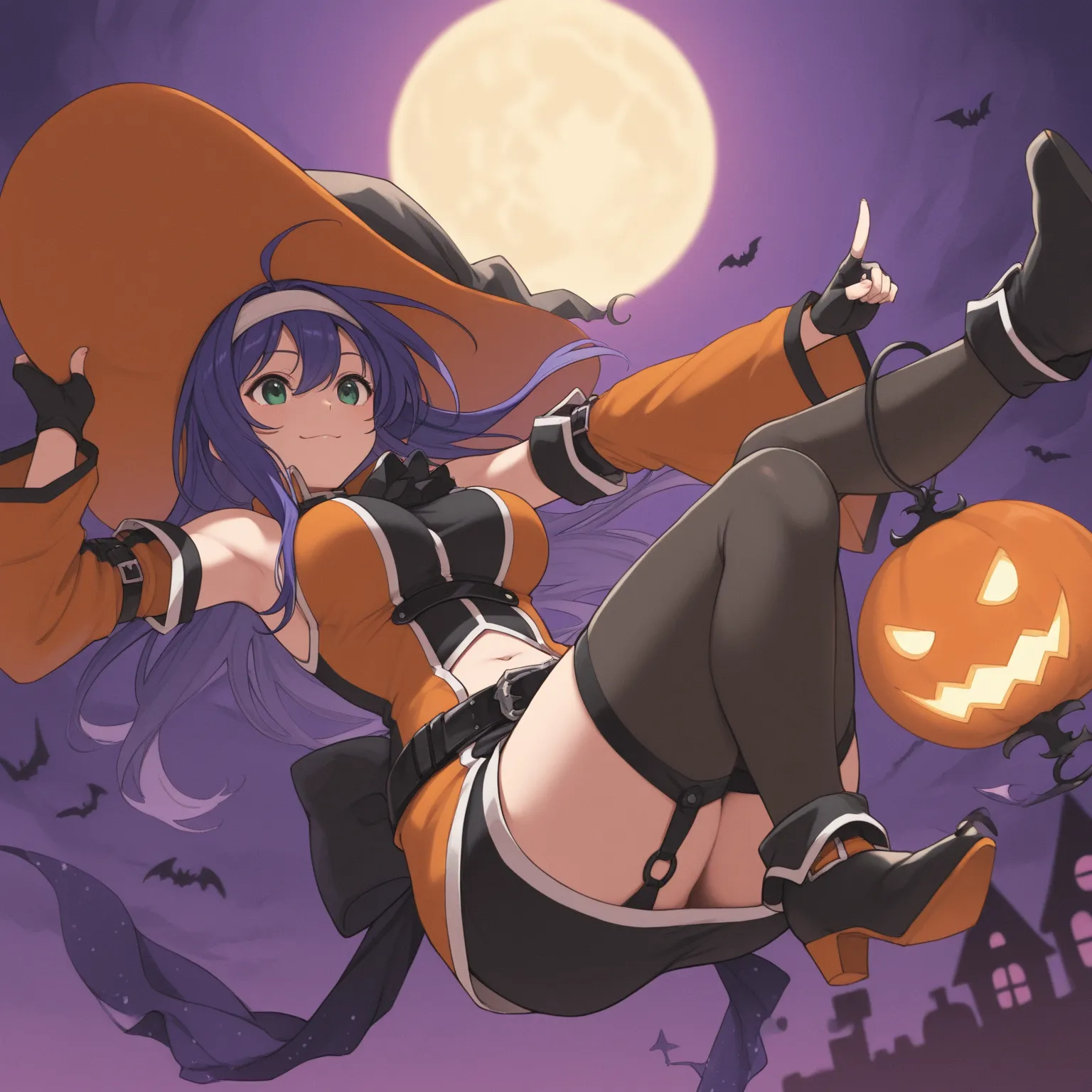 masterpiece,best_quality,1girl,solo,halloween mia,witch hat,white hairband,detached sleeves,fingerless gloves,dress,belt,navel cutout,garter straps,thighhighs,boots、笑う、ハロウィン、祭