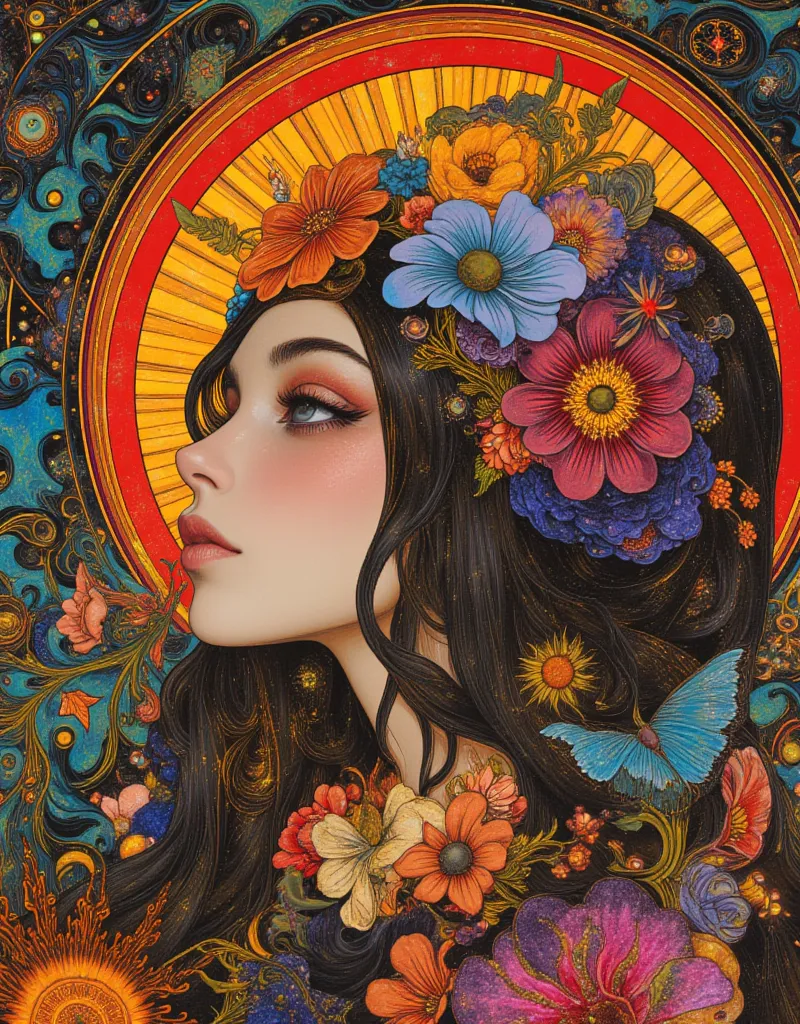 a woman with long hair and flowers in her hair, Hippie girl , Beautiful retro art,  Hot Summertime Hippies , 70s vibe, 1960s flower power hippy, groovy vibe , art deco flower shaman, woman in flowers, Lots of vibes, flower , 70's psychedelic style, 70s vin...