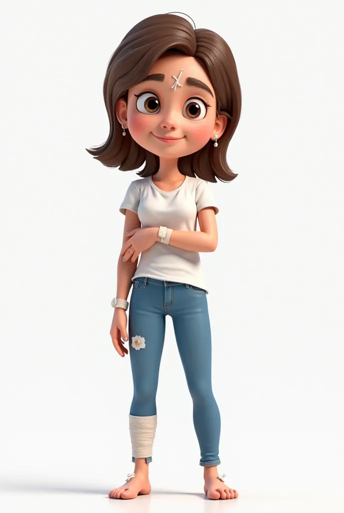 3d cartoon image of 30 year old female jeans and shirt, bandaged thumb and foot in a bandage and injured forehead. no background or white background