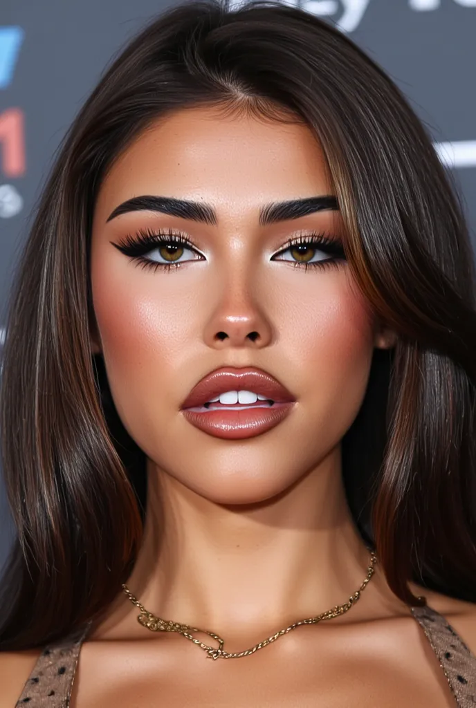 Beautiful woman, perfect face, mix face madison beer and leah halton, latina, brunette hair 