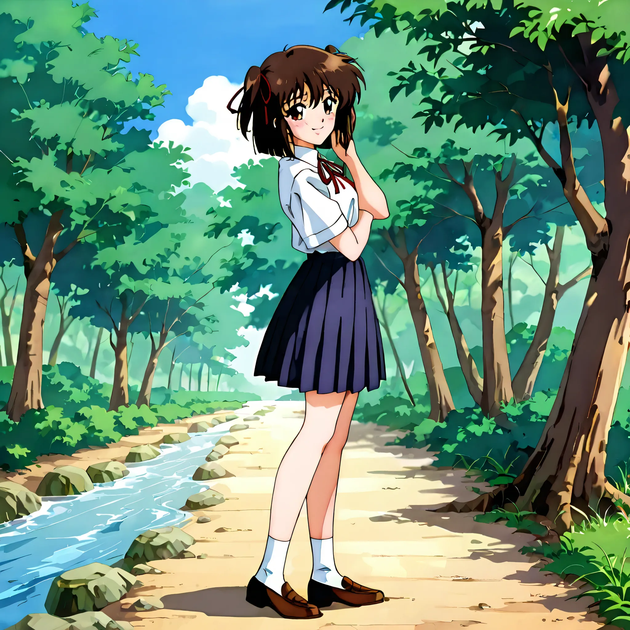 kayo,dark brown eyes,dark brown hair,two side hair,shoulder-length short hair,hair tied thin red ribbons,school uniform,white collared shirt,thin short red necktieribbon,navy blue short pleated skirt,whole body,full length,masterpiece,best quality,amazing ...