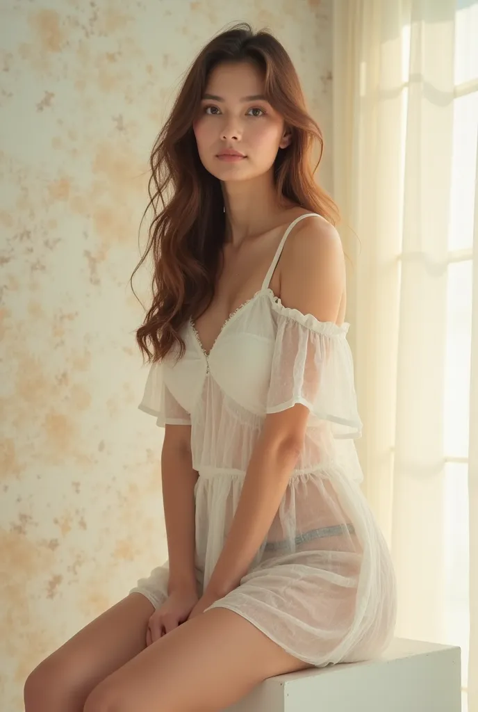 A photo-realistic shoot from a portrait camera angle about a portrait of a woman with long, wavy hair, wearing a sheer white dress, sitting on a white cube. the image also shows soft, pastel colors and a serene atmosphere. on the middle of the image, a 1 w...