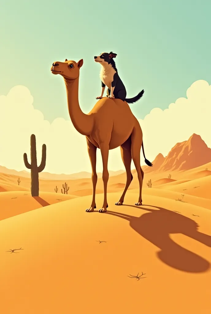 A dog riding a camel in the desert
