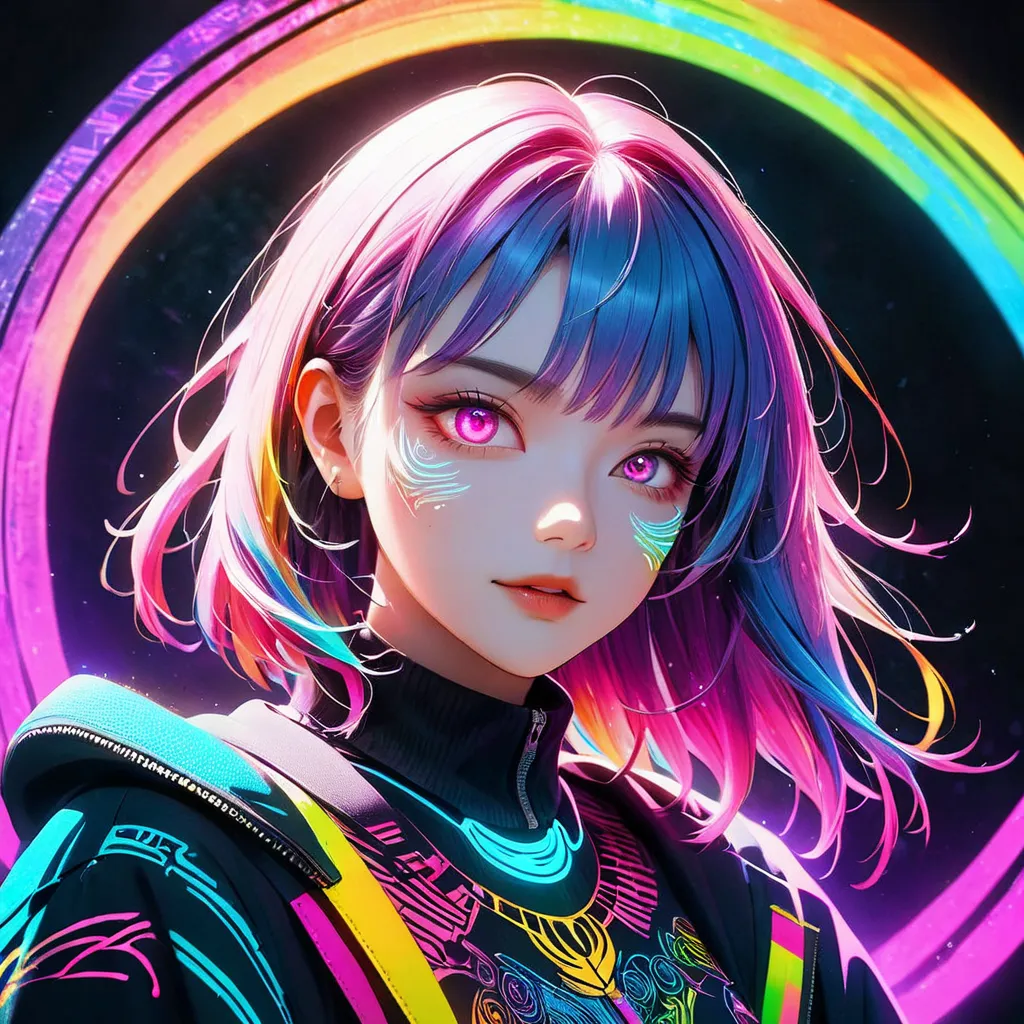 Mystical anime girl, rainbow scratch art texture, illuminated face, glowing magical script, complex circular designs, cyberpunk accessories, no hood, starry accents, vibrant rainbow neon, dark backdrop, fantasy art, --ar 3:4 --style raw --stylize 600