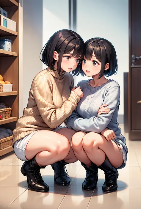  black hair、short bob、Beautiful breasts、 beautiful feet、Mother and Daughter、美人Mother and Daughter、 shopping、 knitted fabric sweater 、miniskirt、boots、mother crouching and talking to her daughter、crying daughter、white shorts、white panties、white lingerie