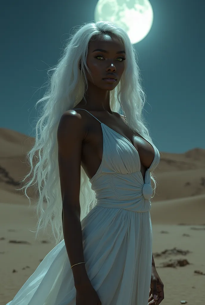  Sexy Black Goddess with White Hair and green eyes with sensual curvy and muscle body and great curves with big breasts in white dress on the desert in the night