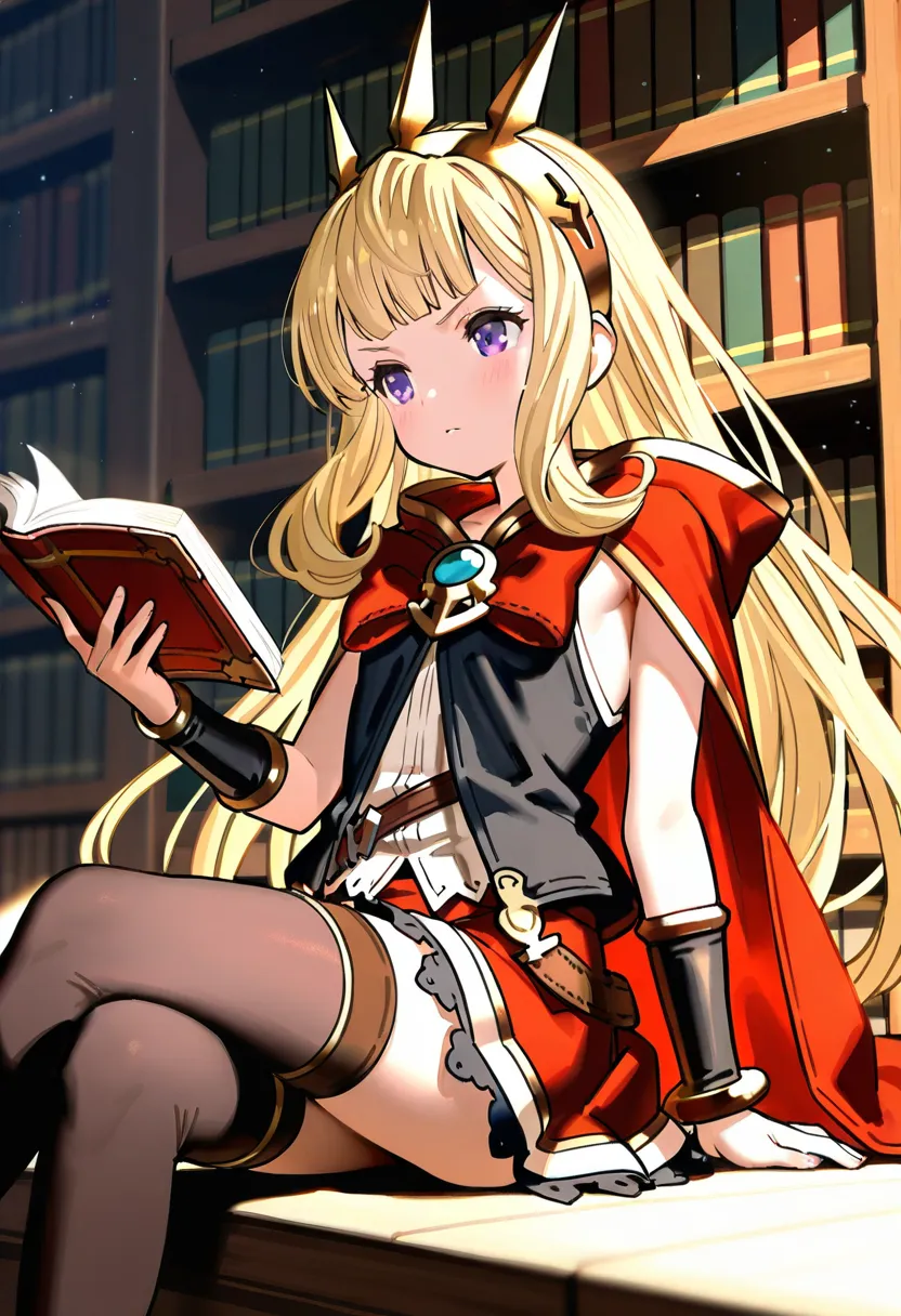 artist:wada arco, Cagliostro (granblue fantasy), granblue fantasy, young girl, blonde hair, blunt bangs, purple eyes, hairband, white shirt, sleeveless shirt, black vest, red cape, red skirt, bracer, bracelet, thighhighs, reading book, looking at book, hol...