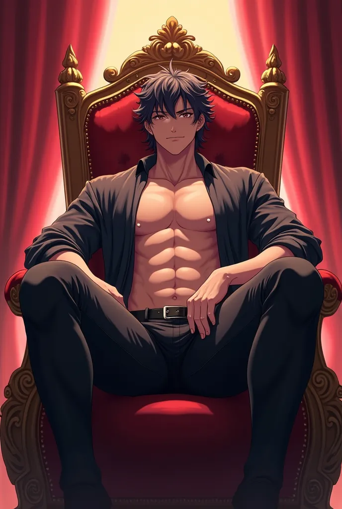 king, sitting on the throne，  , nothing on the upper body,  Wearing a sexy erotic jacket ， tight waist in the lower part of the body,  legs spread ,  big thighs  , big chest and muscles, viewed from the bottom, anime 