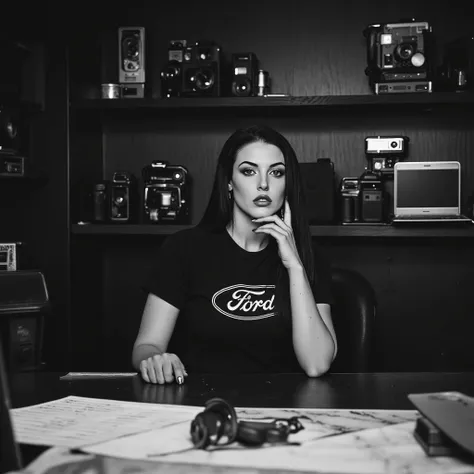 Professional photographic shot of a confident woman with long, sleek black hair, her skin glowing under direct lighting, highlighting her striking features and radiant smile. She is wearing a black t-shirt with a bold "Ford" logo, paired with silver jewelr...