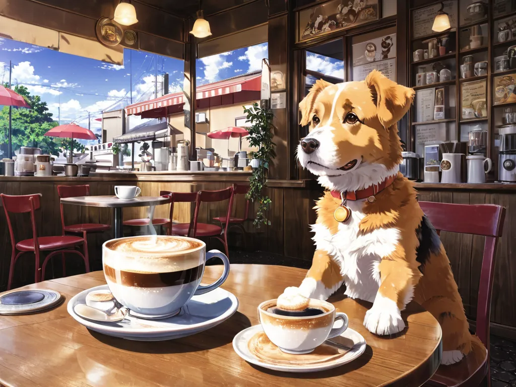 picture of a cup of coffee and a dog. details, Showa retro anime depiction,  Cafe