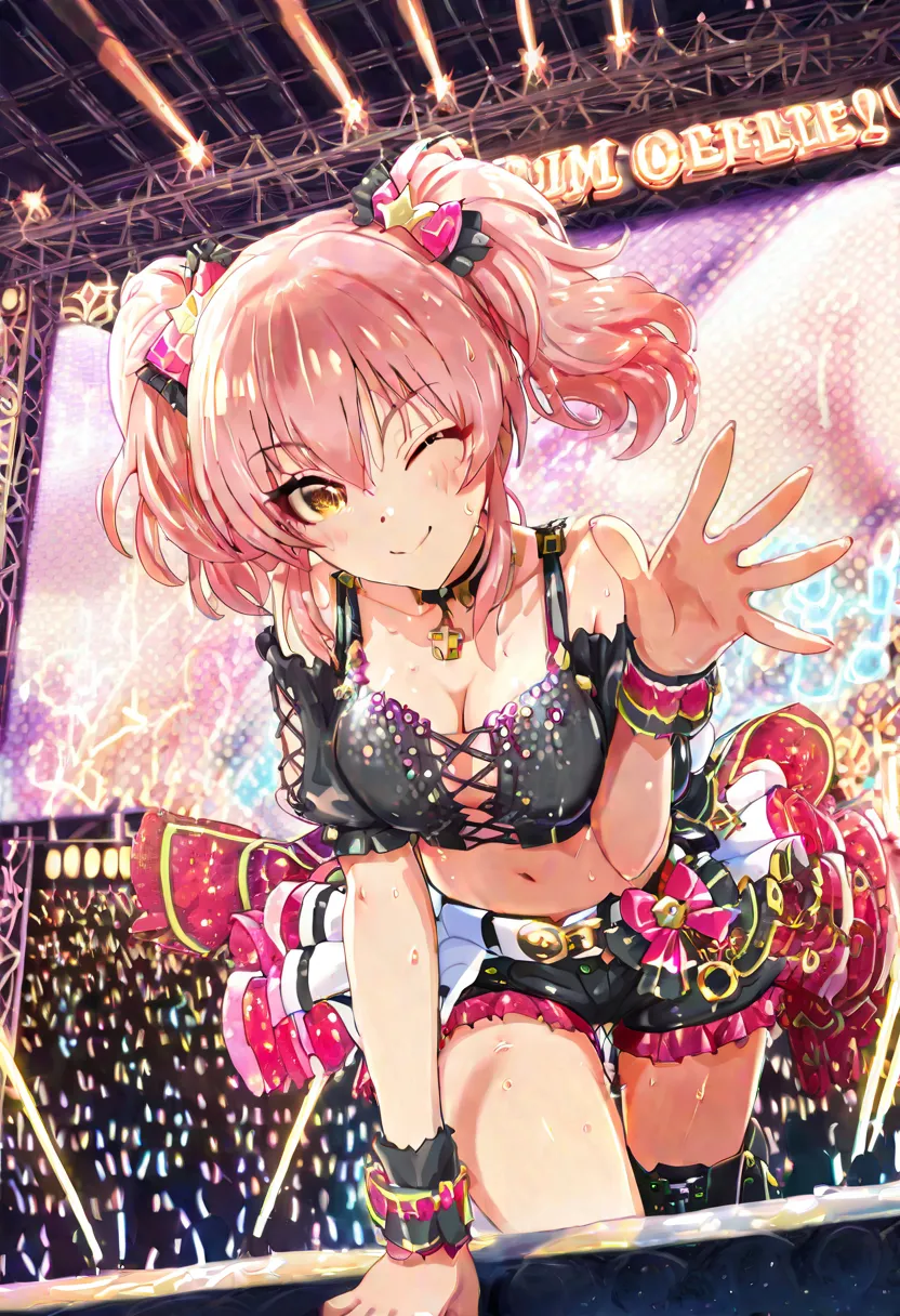 masterpiece, best quality, very aesthetic, absurdres, 4k, extremely detailed CG unity 8k wallpaper, score_9, score_8_up, score_7_up, source_anime, newest,BREAK ,girl focus,(from below:1.3)

extremely cute girl, mika jougasaki, hair accessory, pink hair, ye...