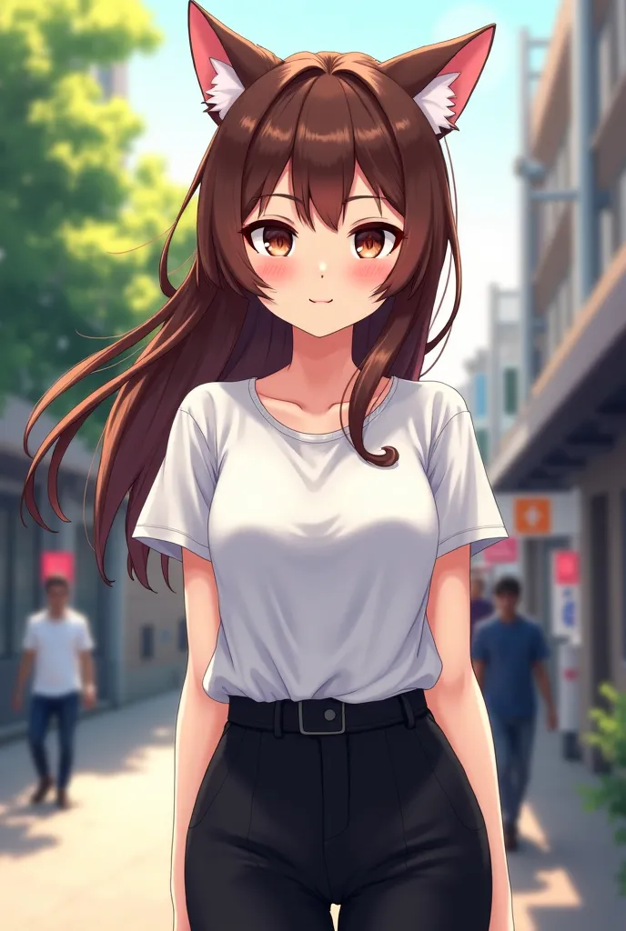 Adult girl in white t-shirt and black pants with brown hair with cat's ear anime style 
