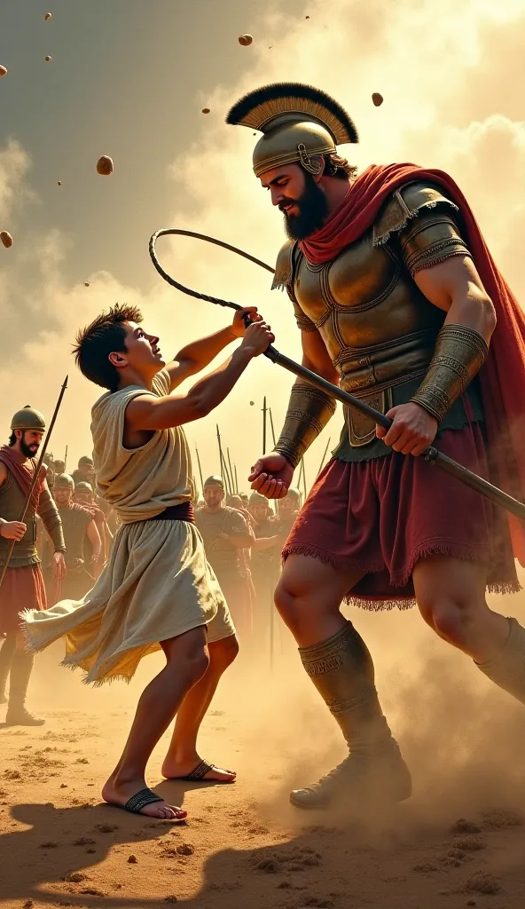 A realistic and epic painting of the biblical battle between David and Goliath. David, a young shepherd in simple white robes and sandals, is mid-action, swinging his sling powerfully as a stone flies through the air. Goliath, a massive warrior in bronze a...