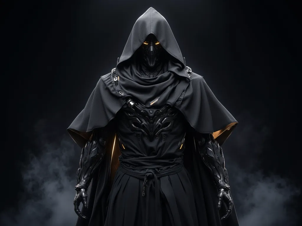 บุรุษBlack mask,  black gloves , Cult Cover, Tamil Hawk Shawl, assassin creed style, Black mask, Wear a black veil, Cool Capes,  European style , Fantasy Capes, sees the whole body, A golden light drifts out from behind, mysterious person in the shadows, b...