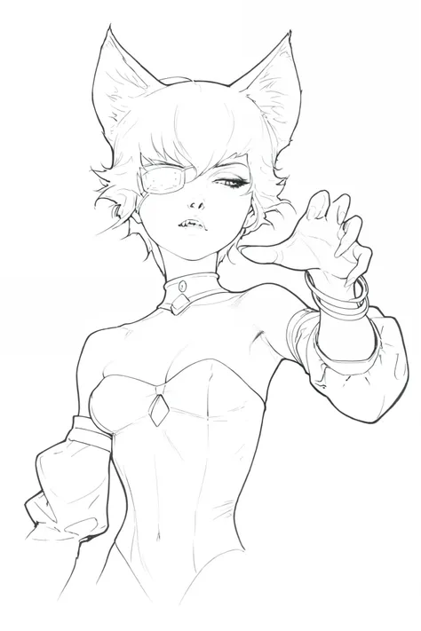 HDR, 8K, high contrast, masterpiece, best quality, amazing quality, very aesthetic, anime artstyle, realistic, newest, 
BREAK
monochrome, greyscale, Line art, lineart, Timbrook
BREAK
1girl , cat girl , cat ears , eyepatch , medium breasts , bracelets , sha...