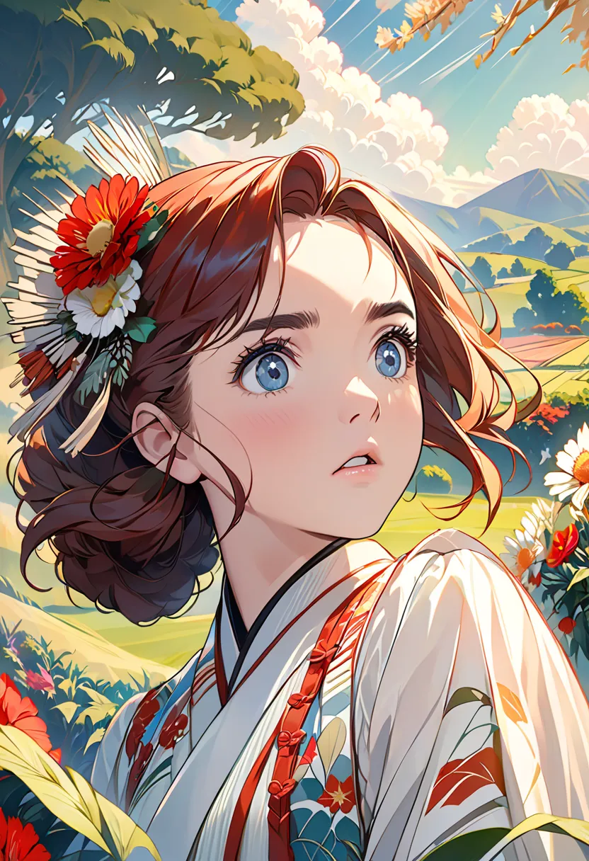 masterpiece, female character,  Florence Pugh's Shocked Look,  detailed rural garden background,  Art Deco Designs ,, Double exposure style, 陰No Shadow,  There are no , blank, No Shadow,