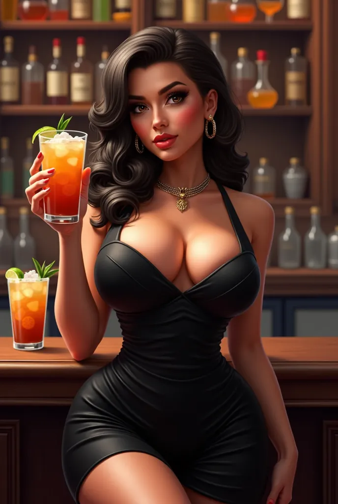 bartender , clothes holding a long island cocktail, with big breasts in a tight top and black leather pants,  on a neutral background 