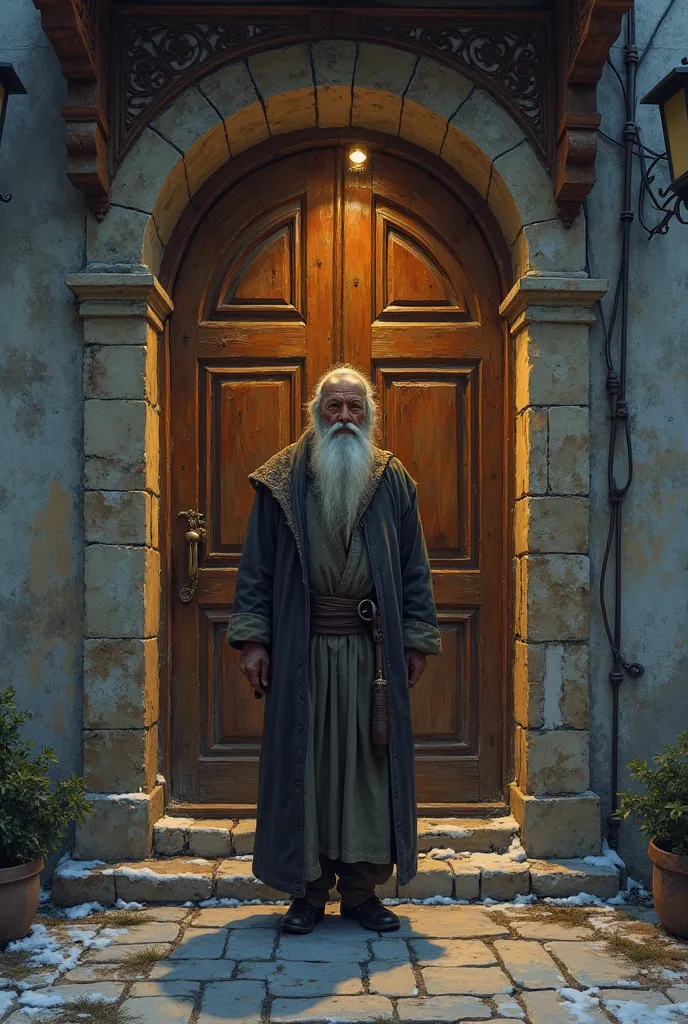 Draw an old merchant standing in front of a closed house door. Let the house be an Ottoman mansion. Don't scratch the yard. Draw an old merchant standing on the froth of the house. Let it be night time. Let his face be on us