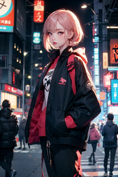 there is a girlstanding on a platform with a jacket on, wearing cyberpunk k-pop streetwear, artwork in the style of guweiz, anime style. 8k, cyberpunk streetwear, style anime, kantai collection style, muted cyberpunk style, 2022 anime style, 2 0 2 2 anime ...