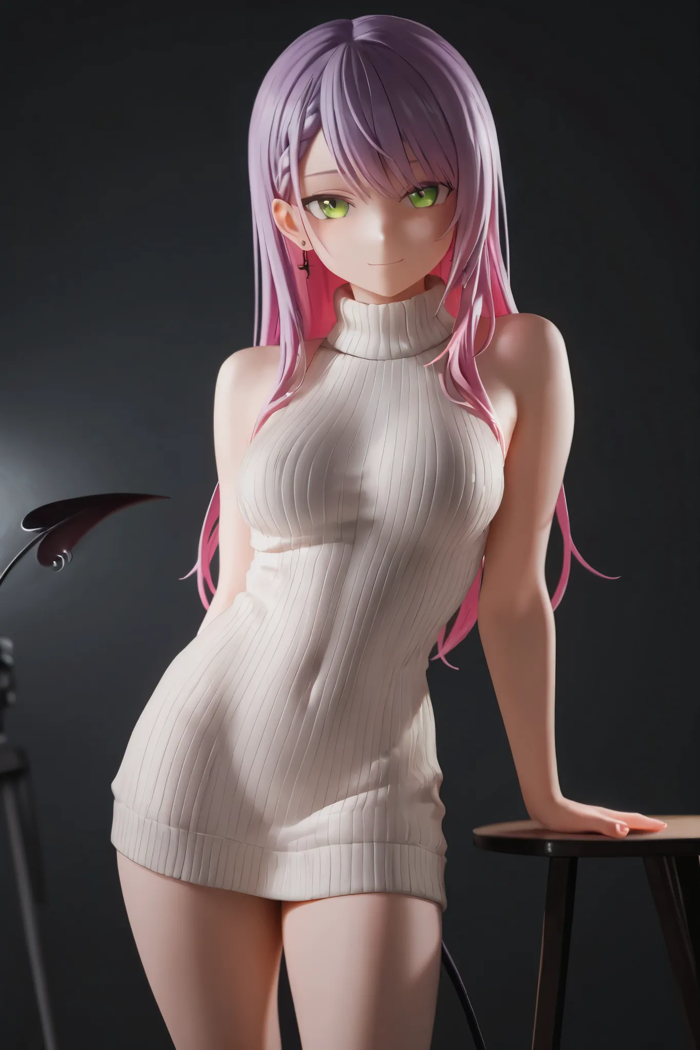 NSFW,masterpiece,top quality,High Resolution,in white for summer very detailed, Tokonami Towa(Hololive),purple hair,green eyes,earrings, devil's tail,turtleneck sweater,long length sweater , sleeveless,Married Woman, pose ,seductive look,dark background,Sh...