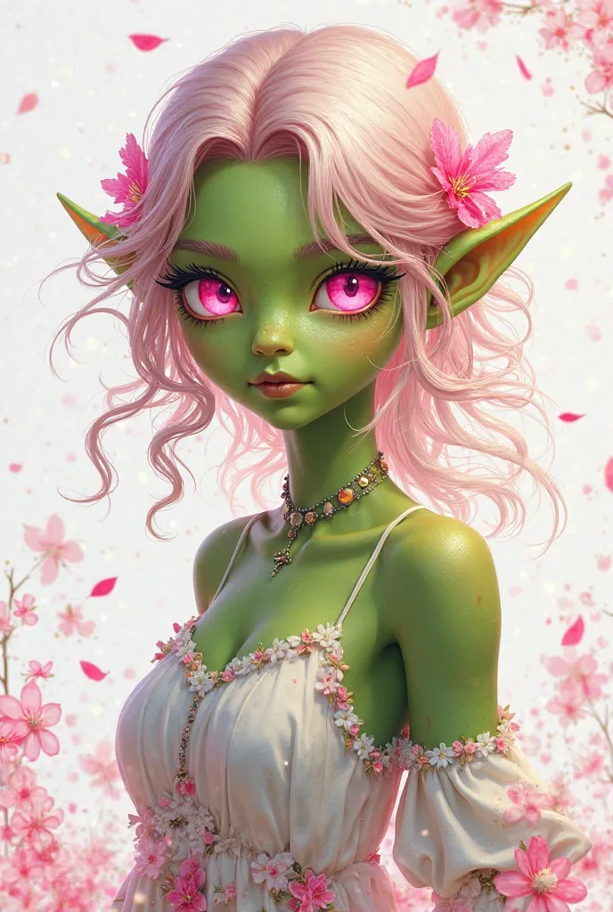 Orc girl,  green skin ,  light pink hair ,  pink eyes , pink and white ,  Sakura leaves , bright colors, white dress,  paint splashes , Simple background, ray tracing , wavy hair