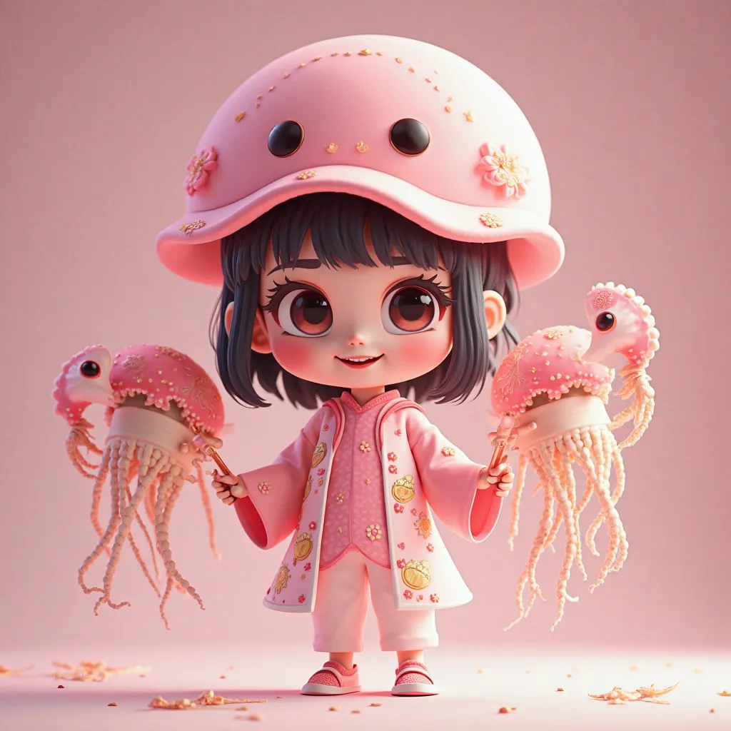 Game Character Design，The 4-D character rendering，((( vector pattern )))，(1 young girl seen all up to her feet，Wearing a Big Jellyfish Hat，Wearing a bright pink, white jellyfish dress clad in Chinese is the ultimate in Alanga., . In both hands there is a s...