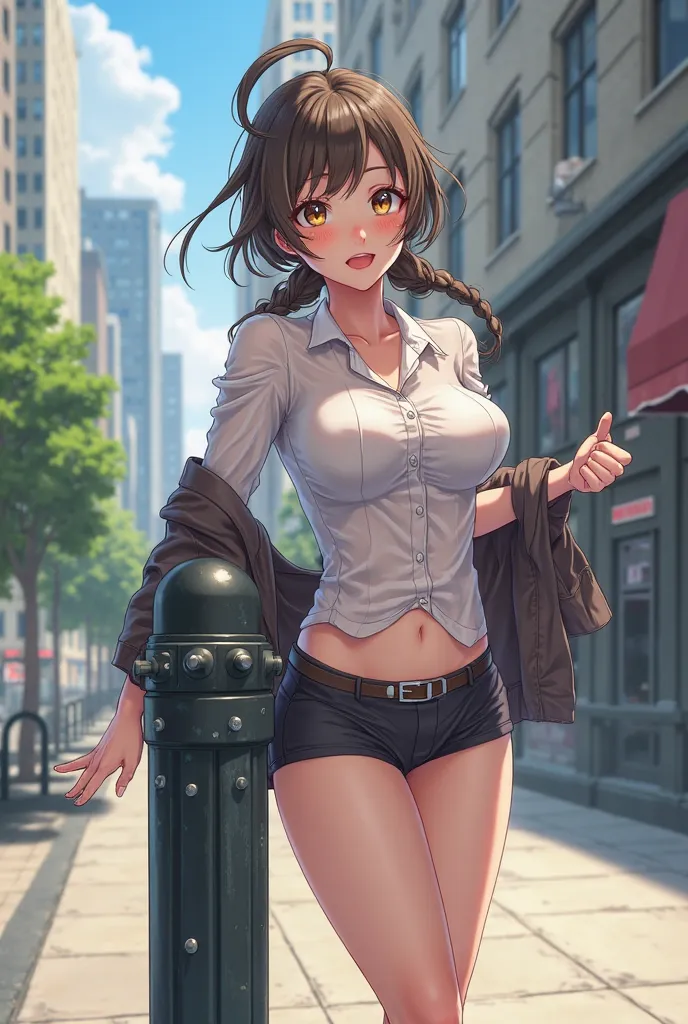 receptionist, blush, drooling, shame smile, see through shirt with erect nipples, medium breasts, standing and grinding a pipe square bollard her panties for self pleasure, pencil skirt, squirting, moving eccentric pose, downtown outside, sidewalk, buildin...