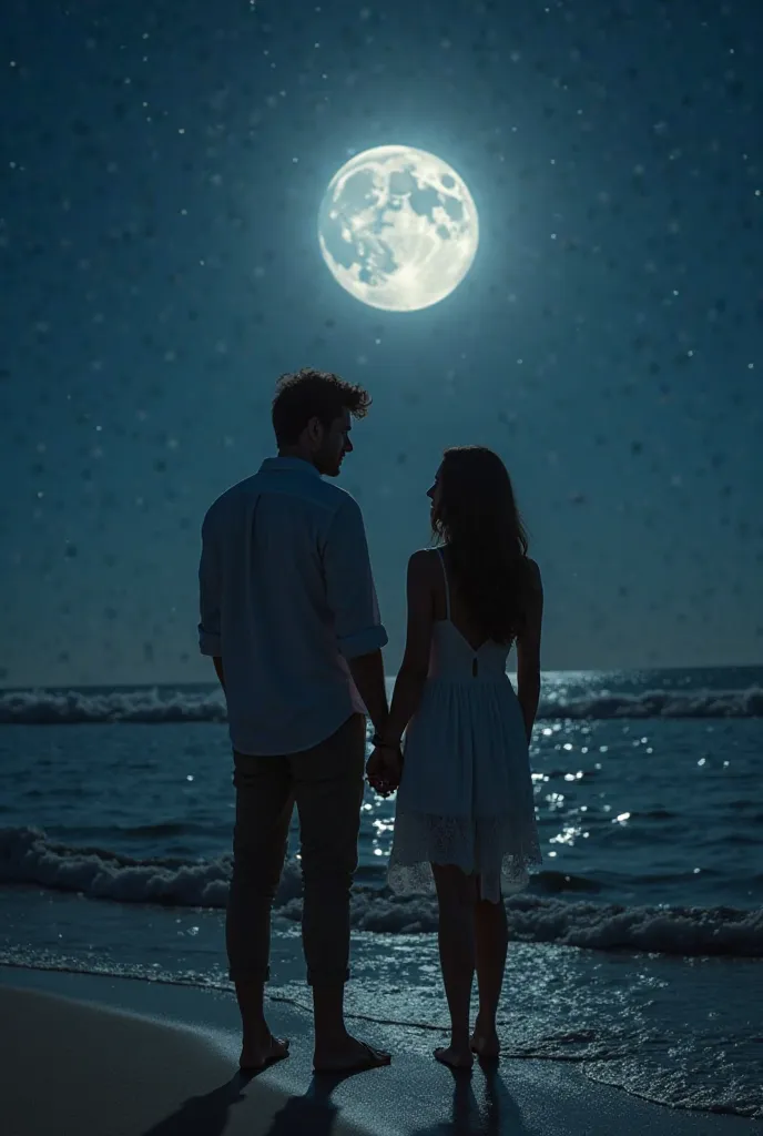 Night. full moon. but not huge. sea. A ship on the shore, almost completely on the sand.  The ship is small,  in modern design . On the edge of a ship close to the sea, A girl and a guy are standing. They're on the ship. faces are not visible. Very comfort...