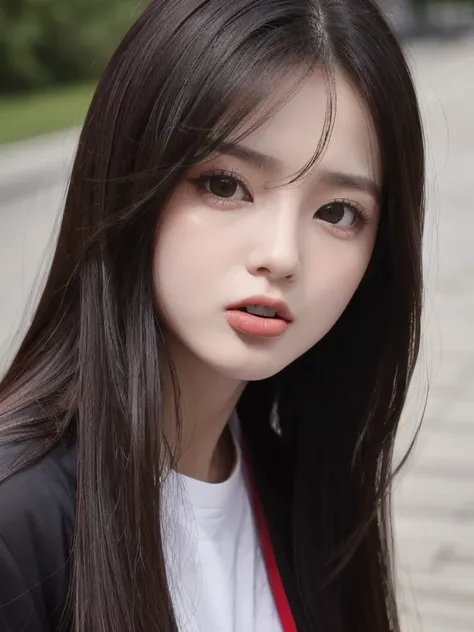 Women,long hair,  Dark Hair, , red-faced, looking down camera,  strabismus,High Resolution, white long sleeve shirt,black gold font, Black Jacket, , her shirt,Look at the camera and spit your tongue：1.3,Open your mouth, 45° face