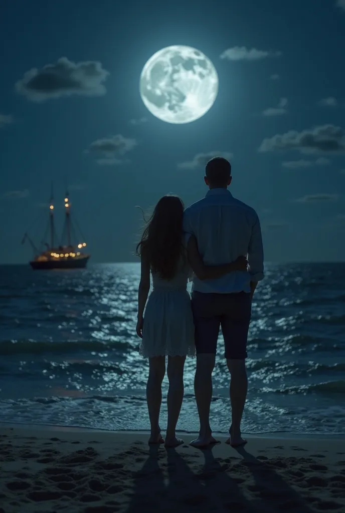 Night. full moon. but not huge. sea. A ship on the shore, almost completely on the sand.  The ship is small,  is not small,  in modern design . On the edge of a ship close to the sea, A girl and a guy are standing. faces are not visible. Very comfortable, ...