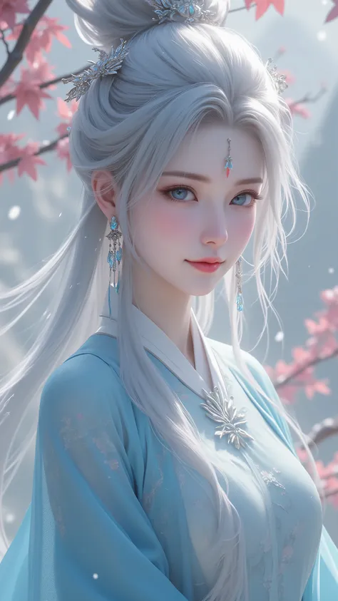 Chinese Fairy Tales character, upper-body, gentle smile, mature woman, cool beauty, living expressions, cold gaze, platinum hair, shiny silky, long hair, earrings, Petals hair ornament, forehead ornament, captivating eyes, aqua eyes, hourglass figure, irid...