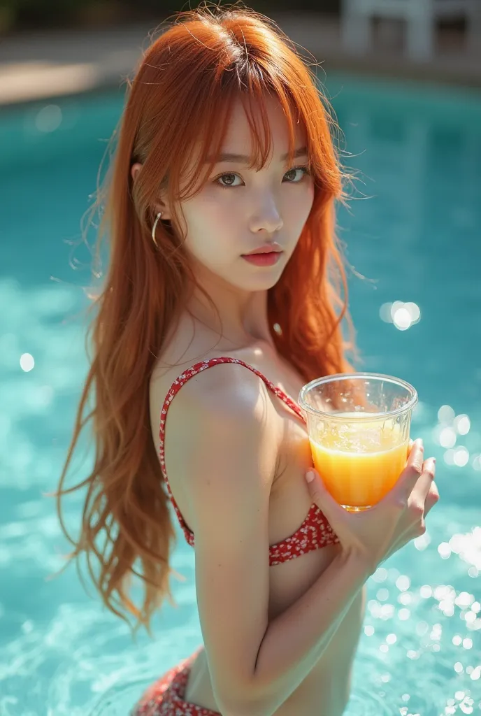  In a pool a young Korean girl You jung angel, 29 years old, Light red hair Extremely Long Straight Perfect Straight with Messy Fringe, Natural skin sharp eyes with green leftovers a thin upturned nose,Shaped lips wearing a sexy bikini holding a glass of j...