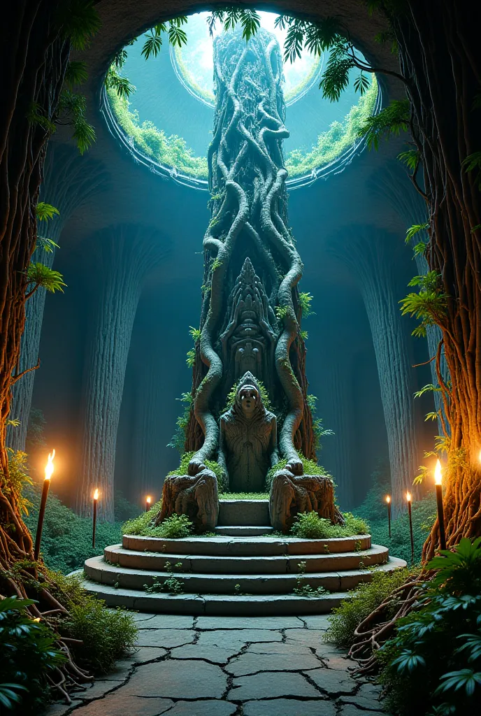 Throne room, closed room, a complex root system supports the structure, bioluminescent plants gently illuminate the environment, the throne is composed of intertwined roots, the throne has an elegant and imposing structure, underground, ceiling without hol...