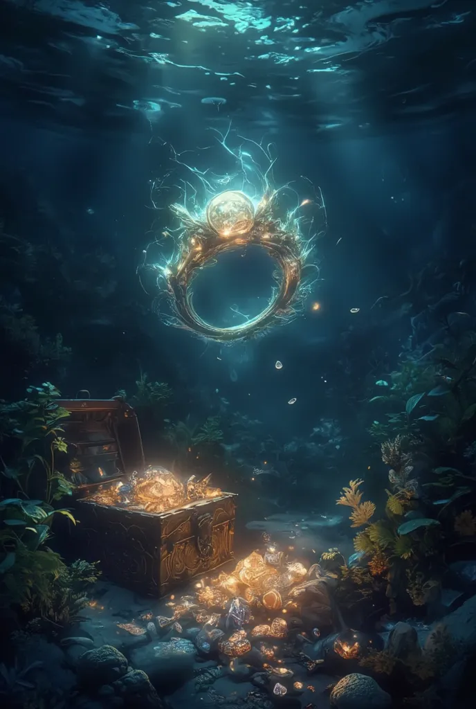 glowing ring in frame, warm light coming from ring,
deep ocean environment, under water, sea weed, sand, rocks, dark water, dim lighting, piled of treasure, diamonds, gold, sunken treasure chest.